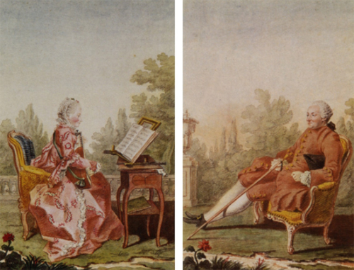 Portrait of Charlotte Suzanne d’Aine (left) and Paul-Henri Thiry d’Holbach (right) by Louis Carmontelle. 