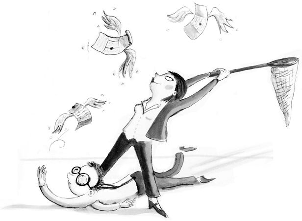 a cartoon woman catching flying letters with a new
