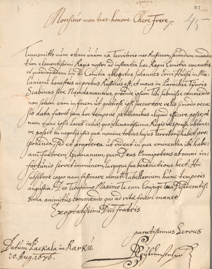 Letter by Daniel Gyldenstolpe to Nils Gyldenstolpe dated 20 August 1676. (Nordin 469:45; image courtesy of Uppsala University Library)