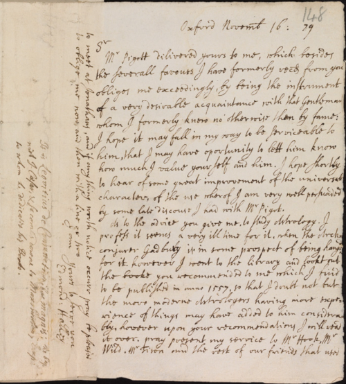 Halley to Aubrey of 16/26 November 1679. (Bodleian Libraries, MS Aubrey 42, fol. 148)