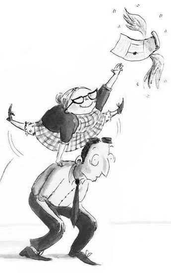 An older woman leapfrogging a man to get a letter