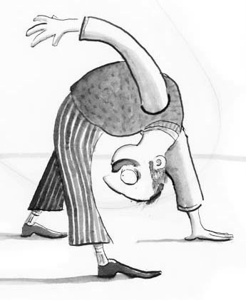 A cartoon of man leaning over to look through his own legs