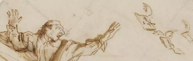 Detail from A Caricature of a Man with Four Flying Letters, by Pier Francesco Mola. c.1647–57, pen and ink and wash on paper