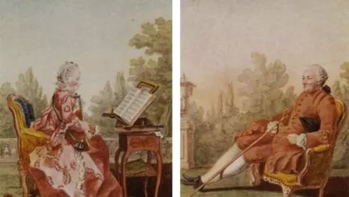 Portrait of Charlotte Suzanne d’Aine (left) and Paul-Henri Thiry d’Holbach (right) by Louis Carmontelle. 