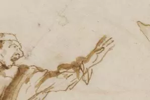 Detail from A Caricature of a Man with Four Flying Letters, by Pier Francesco Mola. c.1647–57, pen and ink and wash on paper